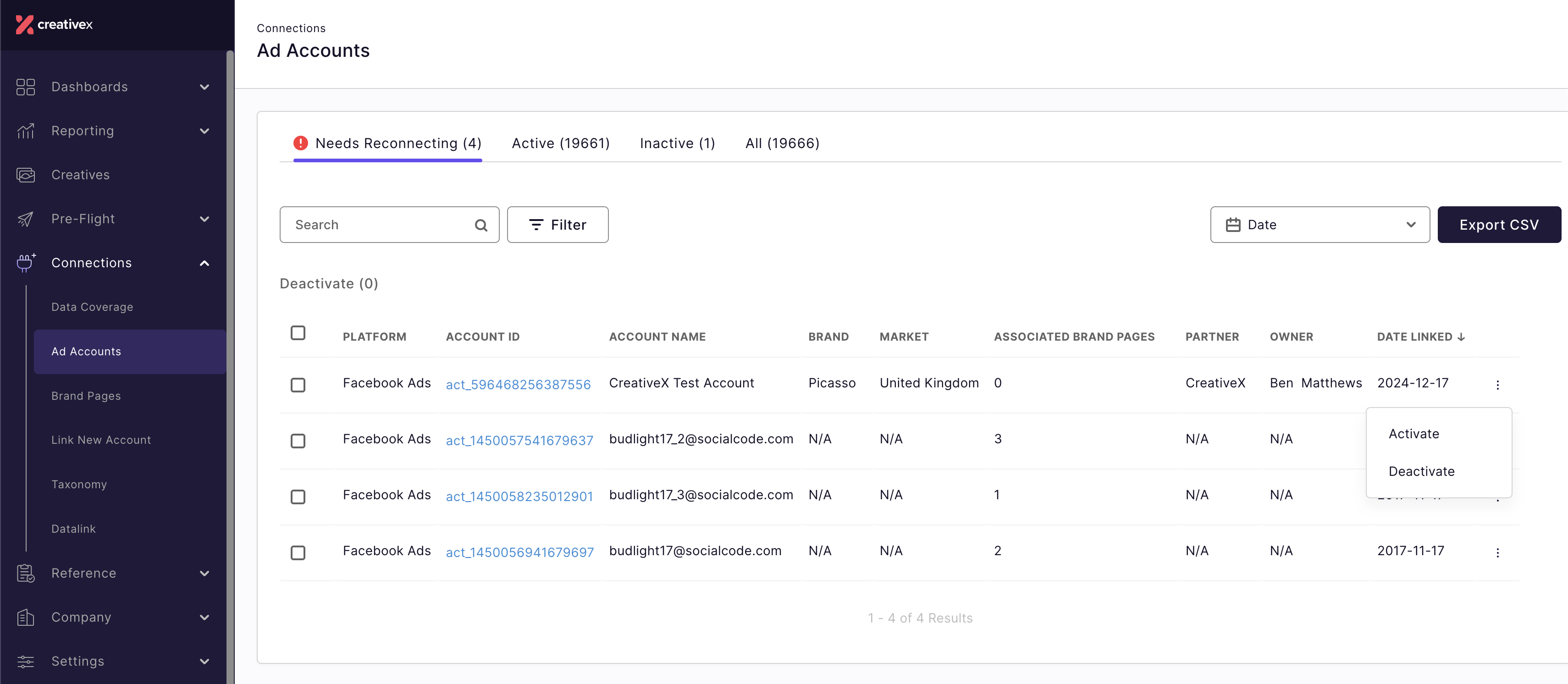 Ad Accounts page showing activate option